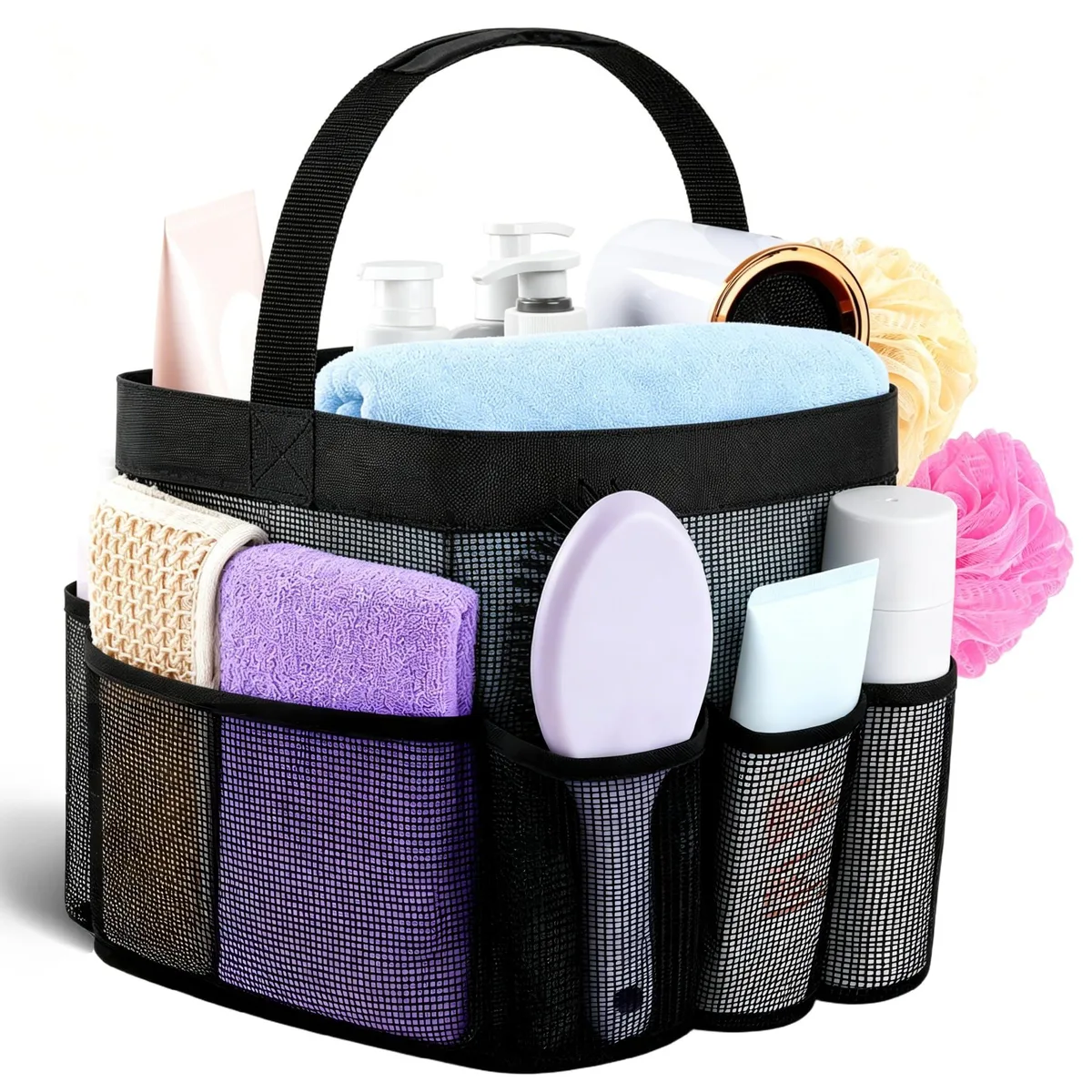 Black mesh shower caddy with nine pockets and a carry handle