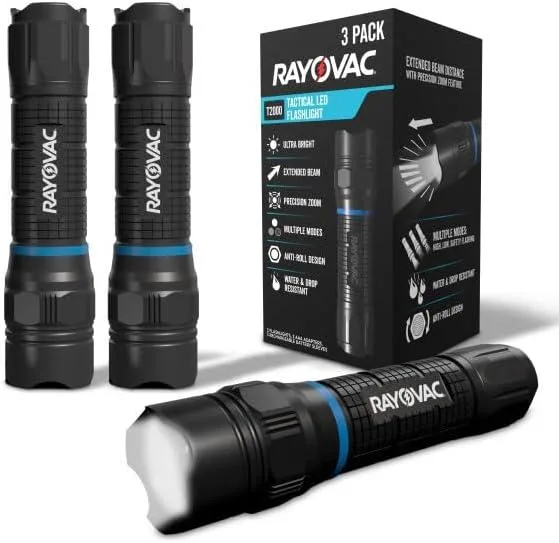 Three compact aluminium tactical flashlights with textured grips and anti-roll heads