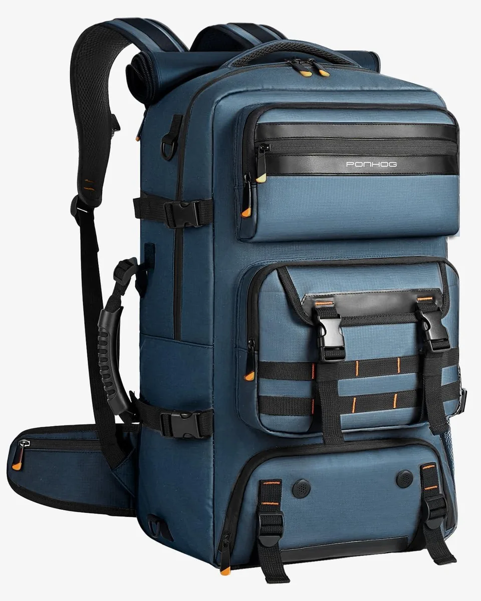 Blue 50L travel backpack with laptop sleeve and convertible straps