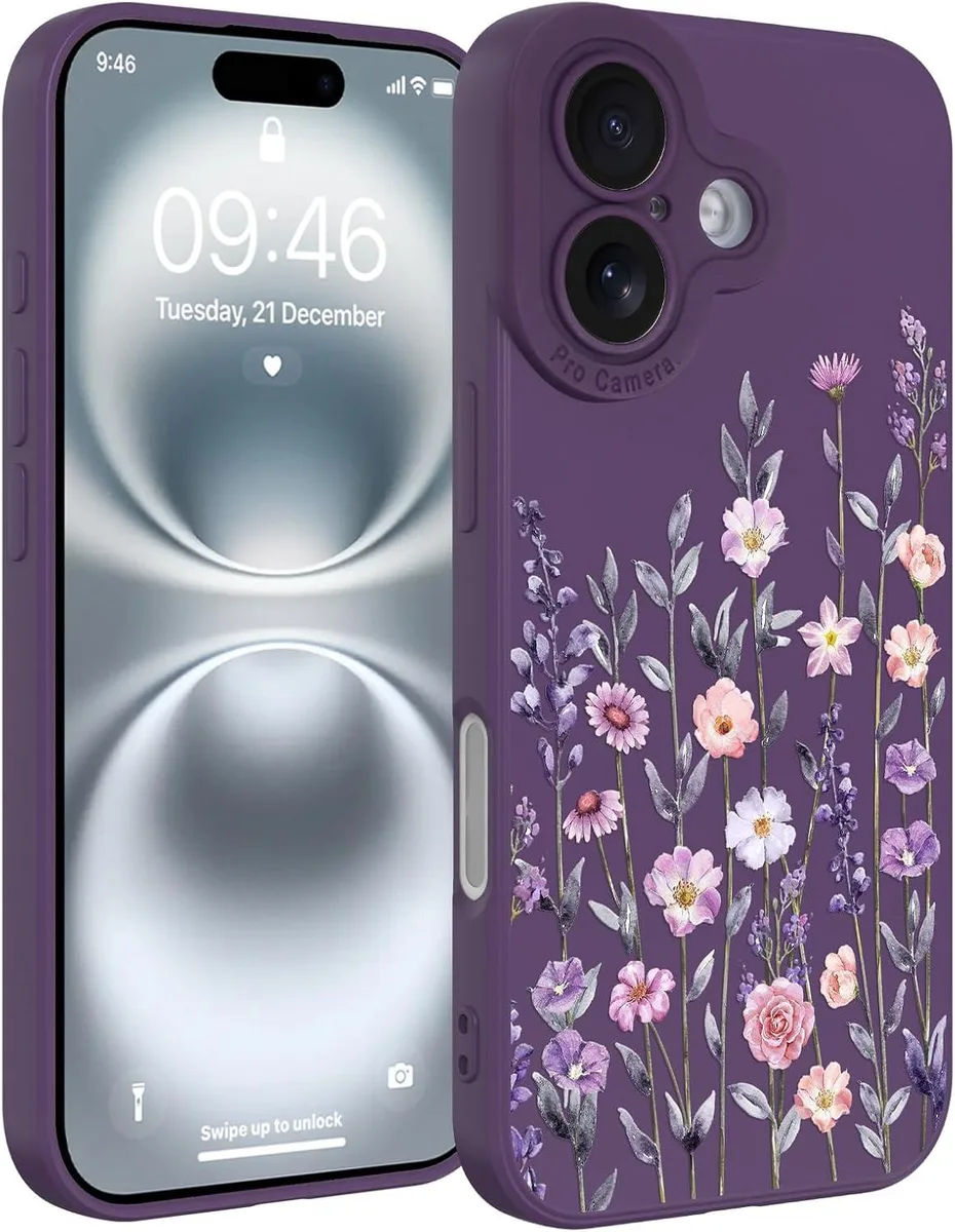 Dark purple iPhone 16 case with floral pattern, soft silicone finish