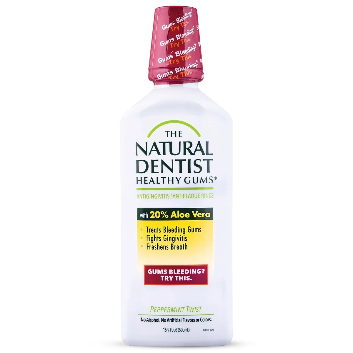 Clear 16.9 fl oz bottle of peppermint mouthwash with white cap