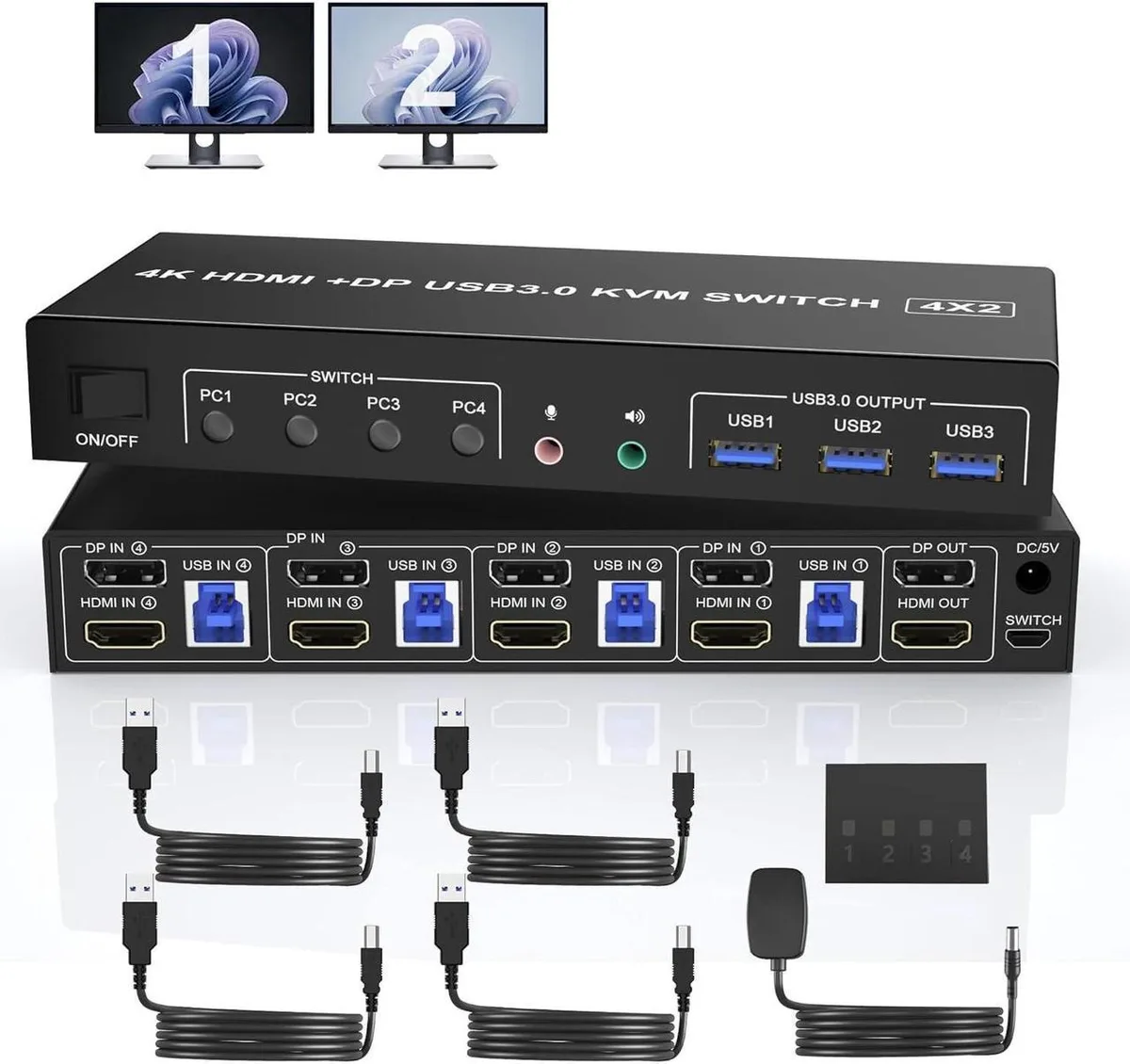 Vszerda Vszerda 4-Port Dual-Monitor KVM Switch DP+HDMI 4K 60Hz 3×USB 3.0 — product photo