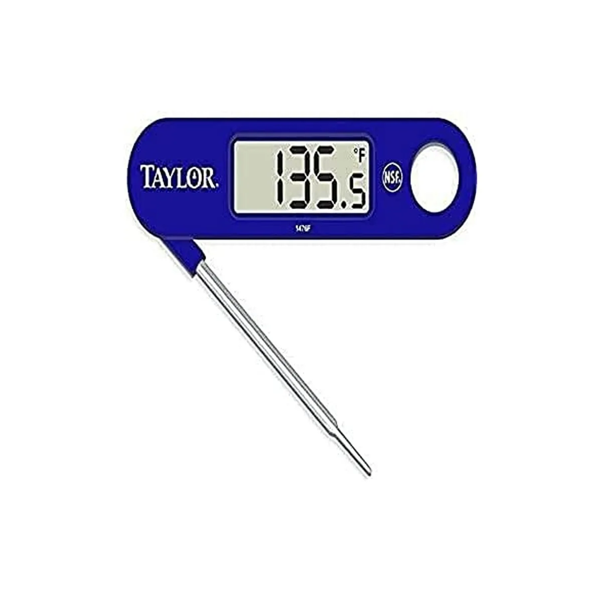 Blue folding probe digital thermometer, compact rectangular body, step-down probe folded inside
