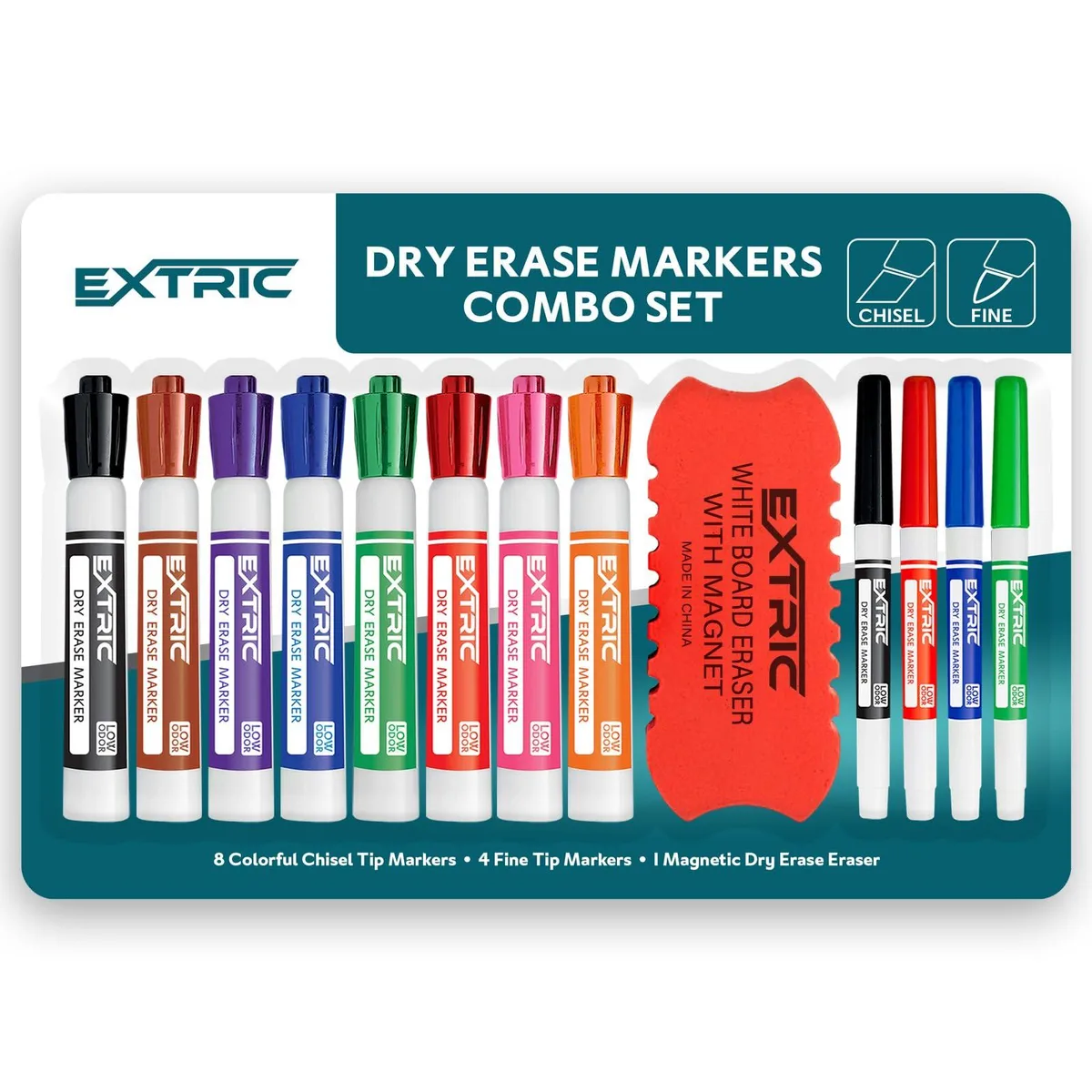  EXTRIC Dry Erase Markers with Eraser 12 PK Whiteboard Set Fine Chisel — product photo