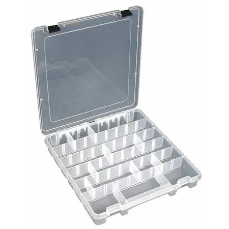 Clear plastic box with adjustable dividers and handle