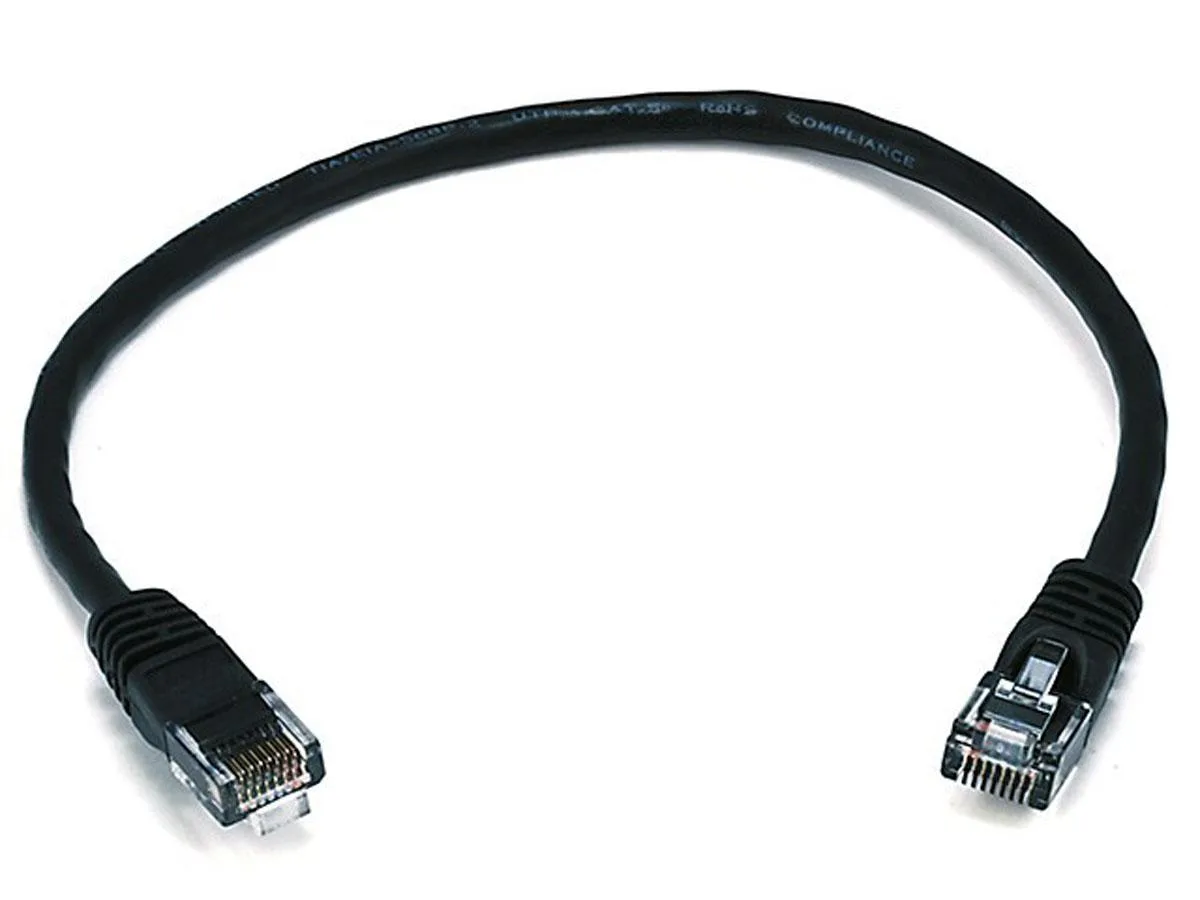 Black Cat5e Ethernet patch cable, 1ft, snagless RJ45 plugs