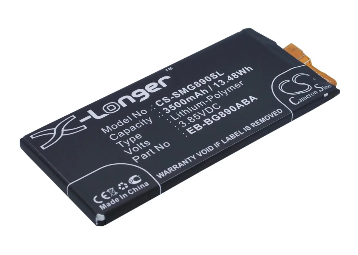 Rectangular flat lithium-ion battery pack, dark grey wrap, gold contact strip, Cameron Sino label visible