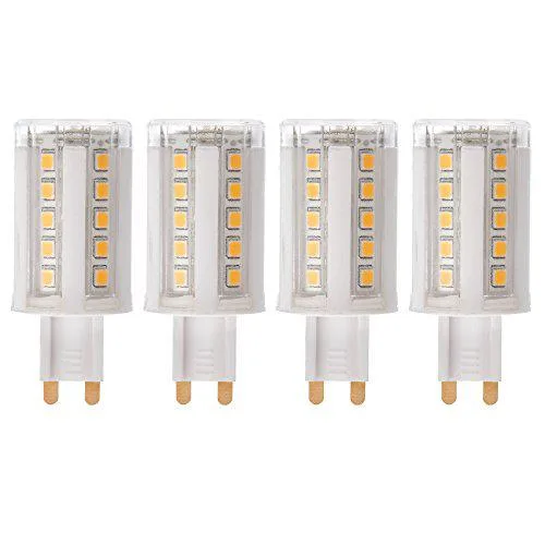 Four small G9 LED bulbs with pin bases in white finish