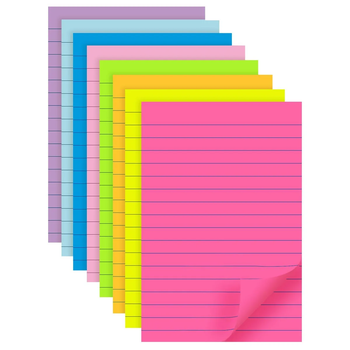 Eight pads of lined 4x6 inch sticky notes in bright colours, 40 sheets each