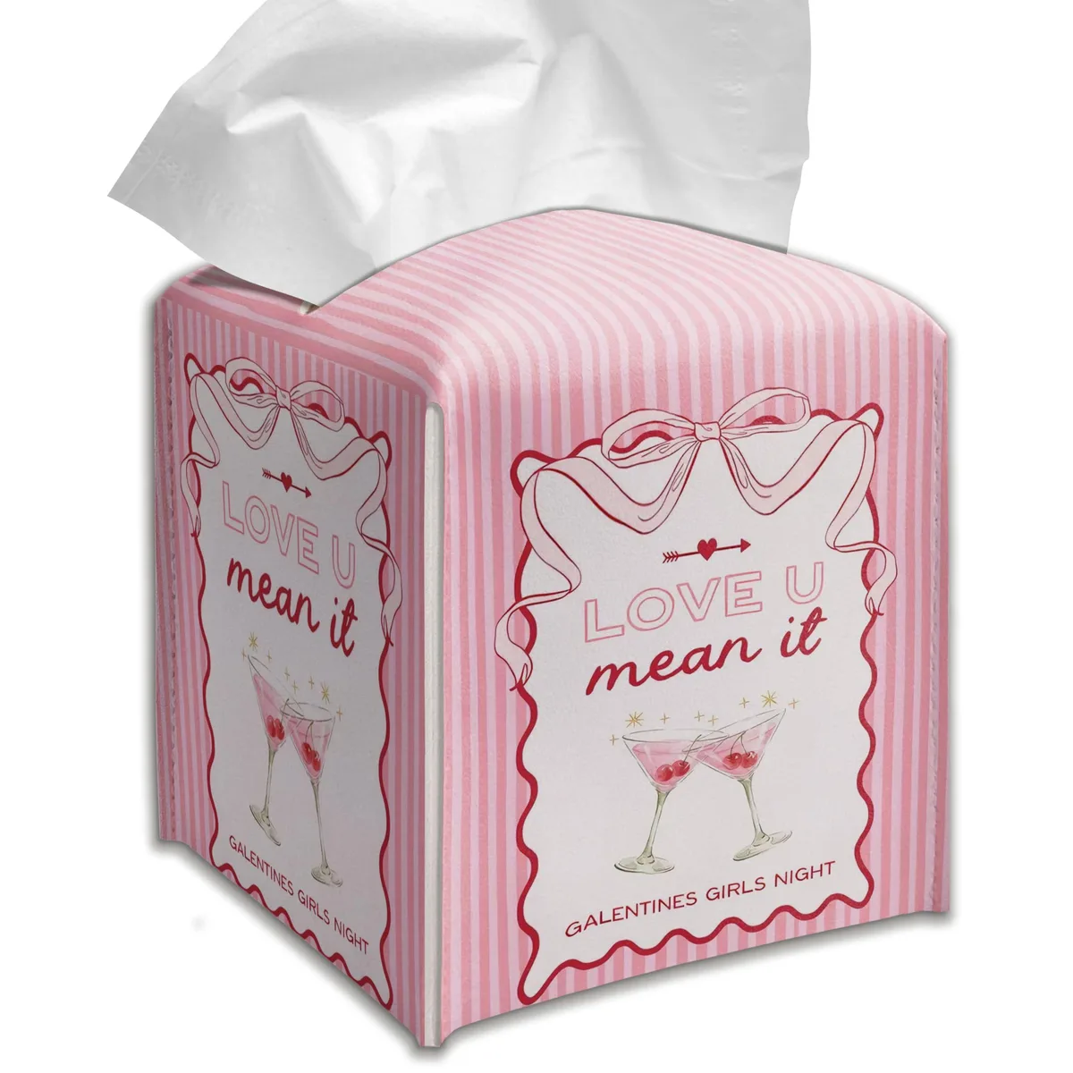 Pink striped fabric tissue box cover with cocktail artwork and Love U Mean It text, 5.2 inches square