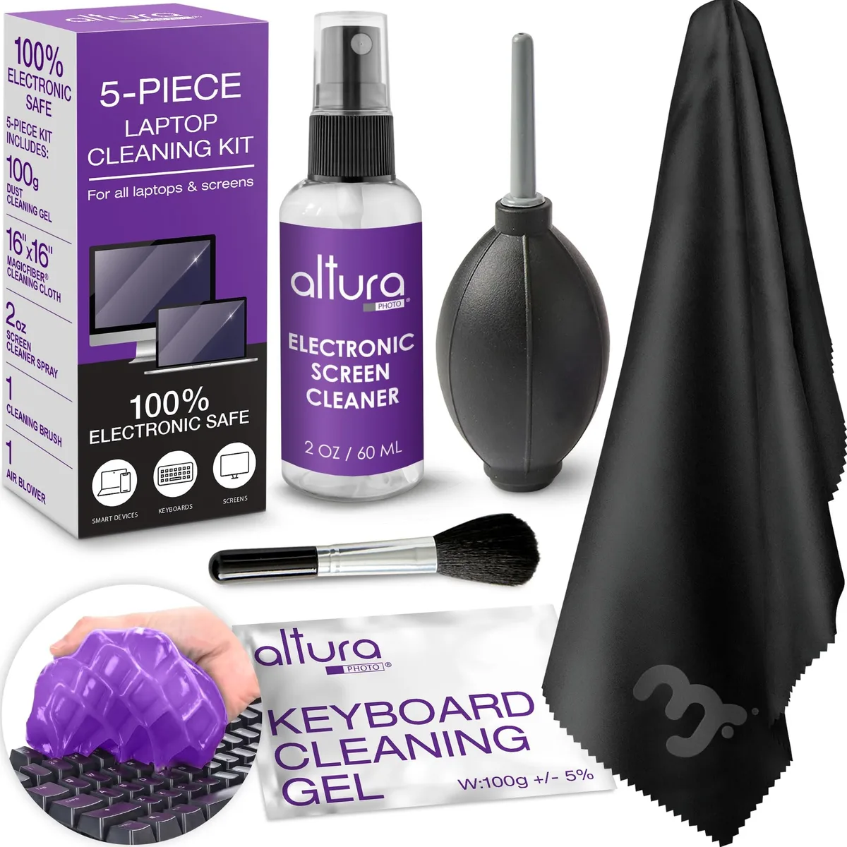 Altura Photo 5-piece laptop cleaning kit in rectangular box 8.3 by 3.3 by 2.6 inches
