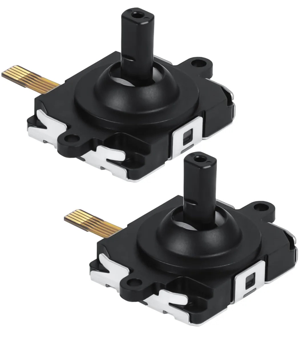 Two small black analog joystick caps side by side
