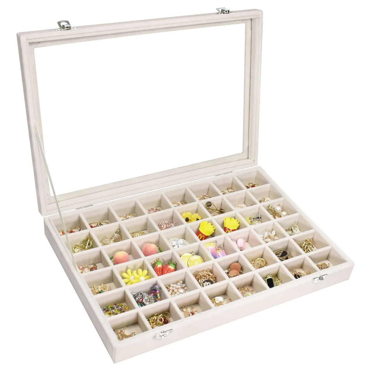  Vicoter Velvet Jewelry Tray 48 Compartments Transparent Cover Beige — product photo