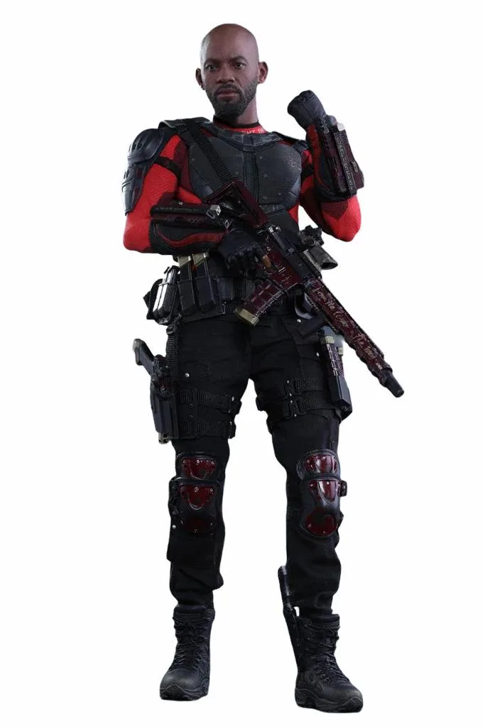 1/6 scale Deadshot figure in armored suit with masked head and weapons on themed stand