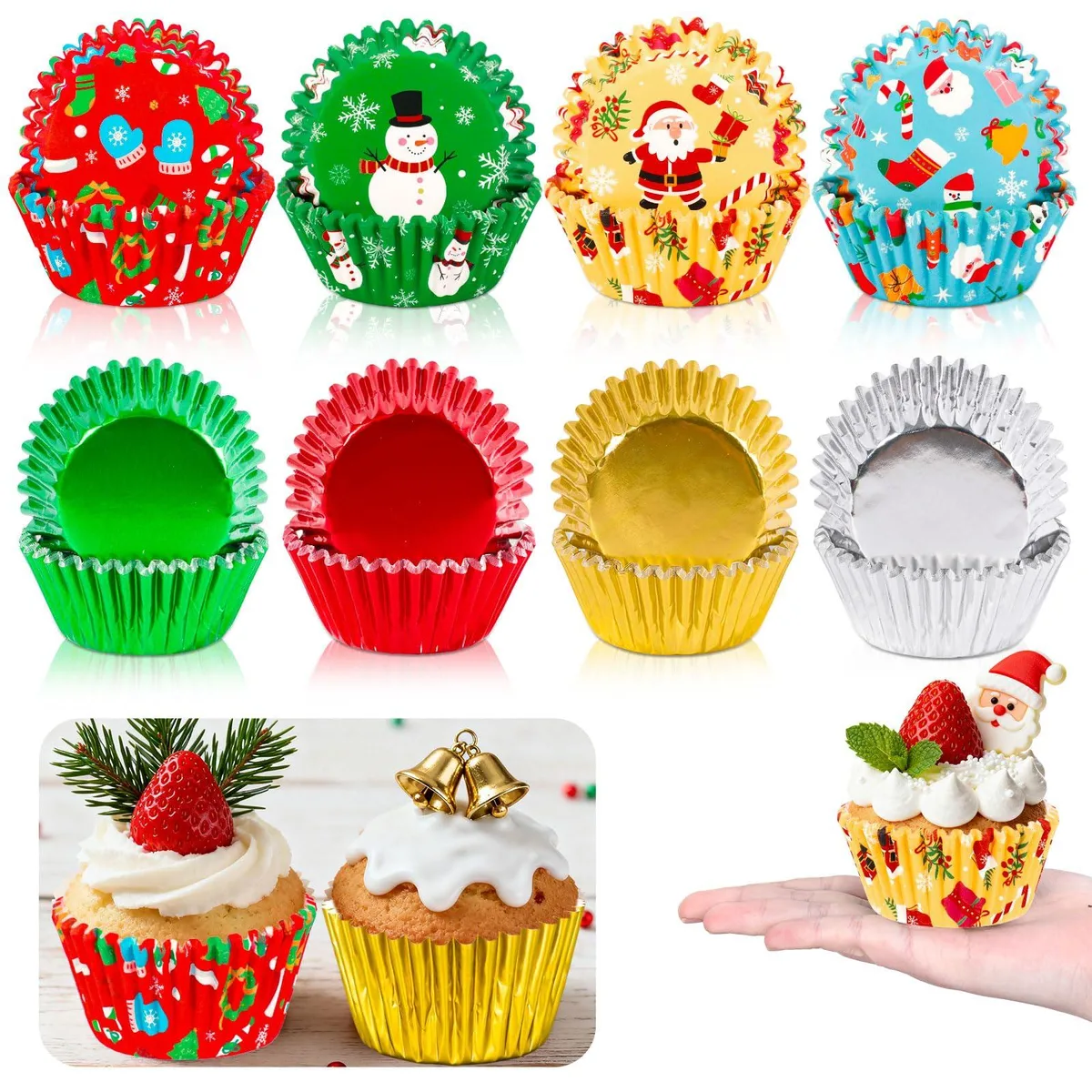 Pack of 400 Christmas cupcake liners, 1.2in tall, four festive designs, 50 each