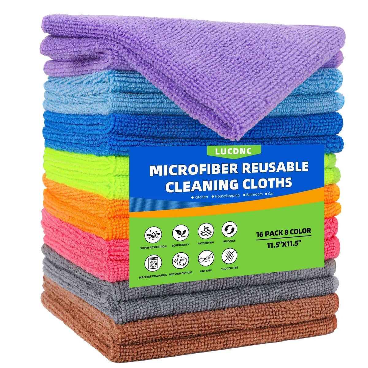 Sixteen square microfiber cloths in eight colours, each 11.5 inches wide with stitched edges