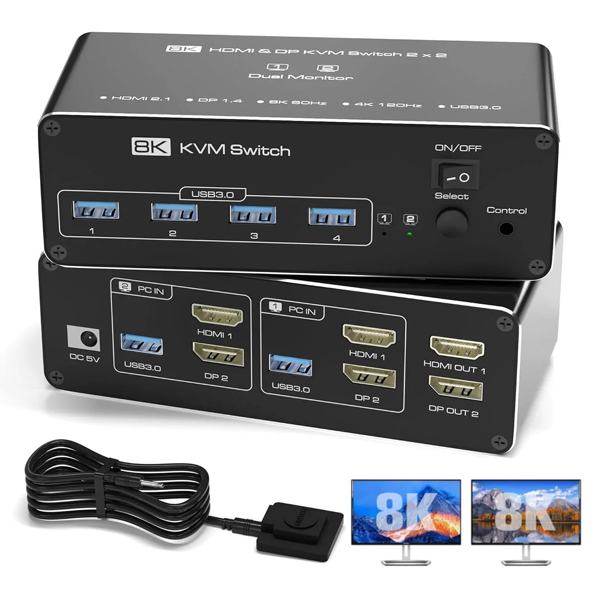 Hitoor Hitoor HDMI+DP KVM Switch 2PC 2Mon 8K@60 4K@120 USB3.0 4-Port — product photo