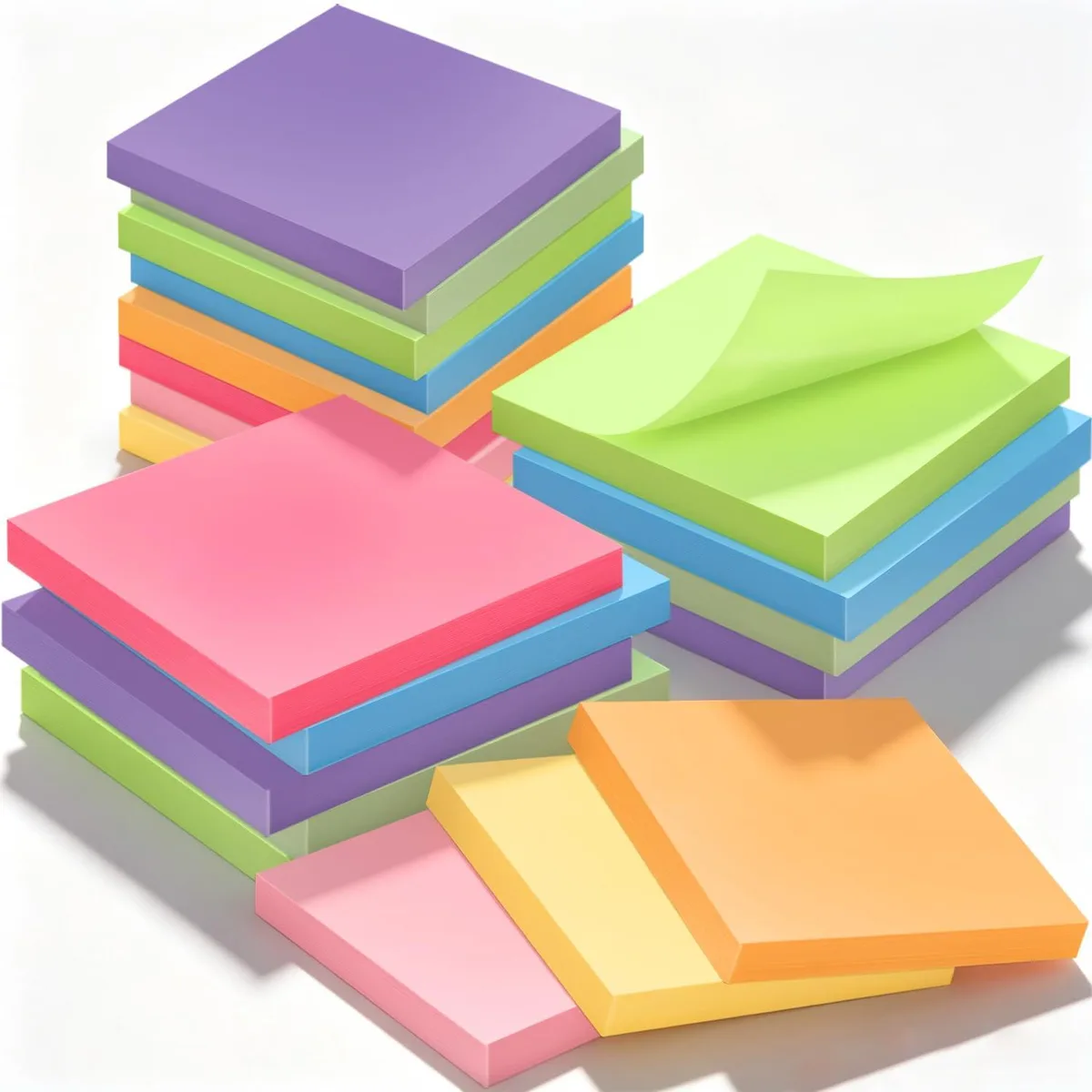 Sixteen square sticky-note pads in bright colours, each 3x3 inches, stacked in a rectangular box
