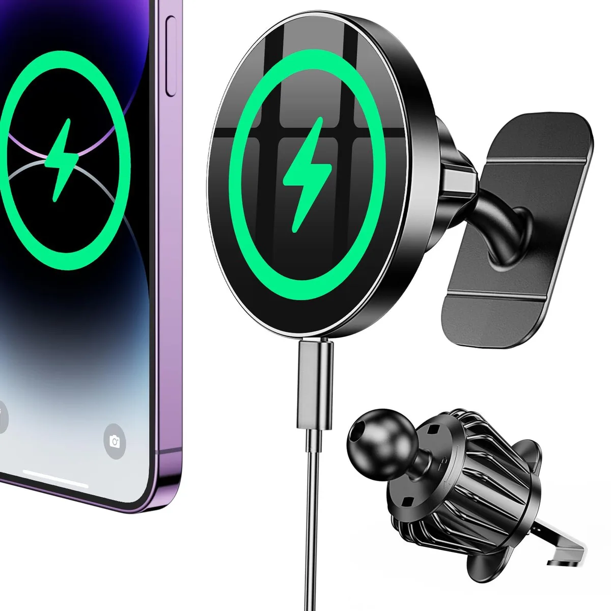 Black MagSafe car mount charger with vent hook and adhesive base, 360° rotatable, 20 N55 magnets