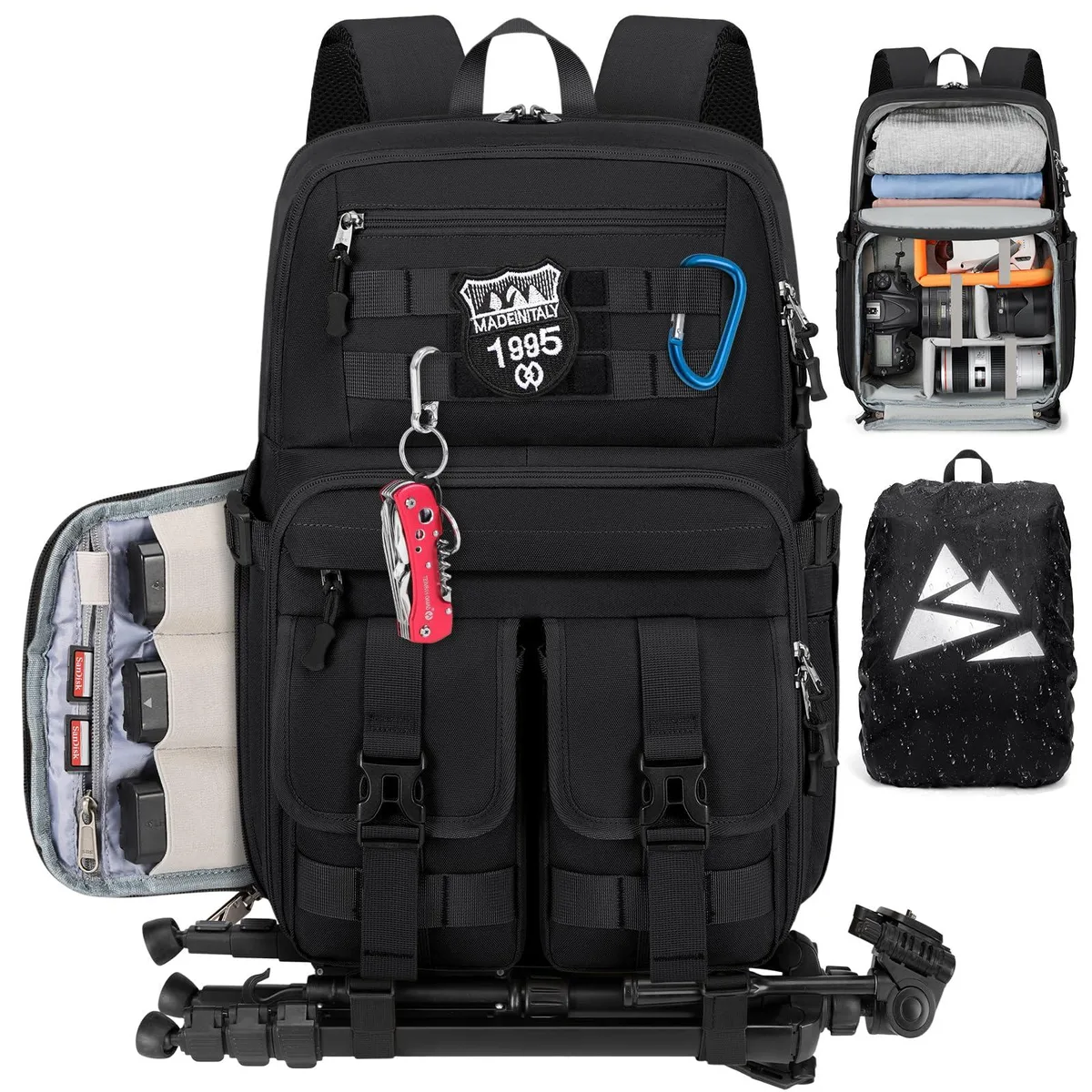 Black 17-inch laptop backpack with 15.6-inch compartment, polyester shell, zipper closure, shoulder straps, waterproof finish