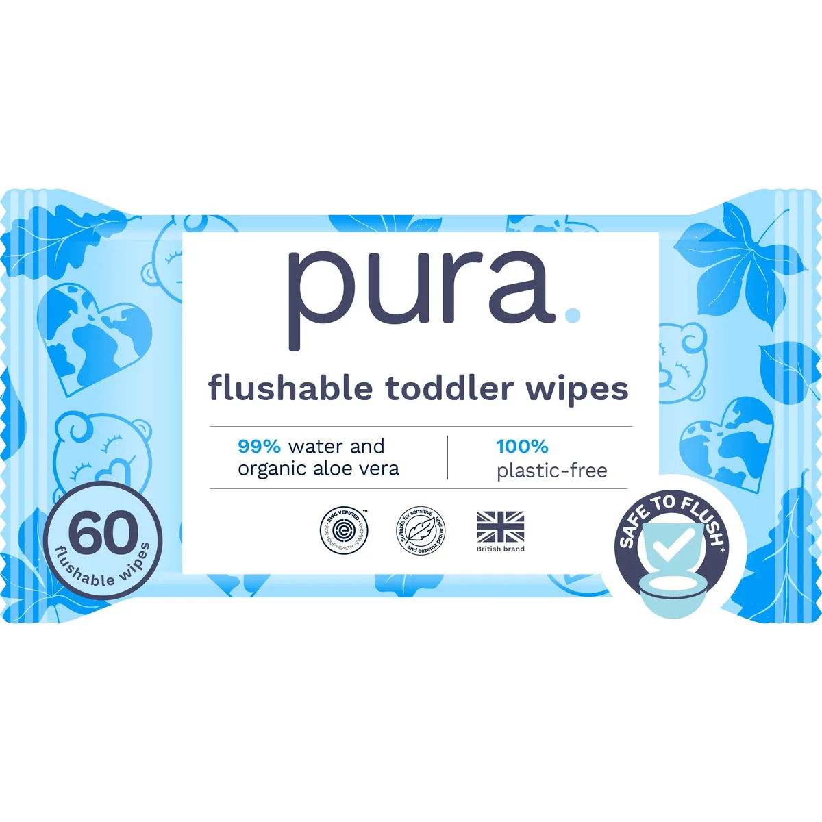 White rectangular pack with resealable lid containing 60 flushable toddler wipes