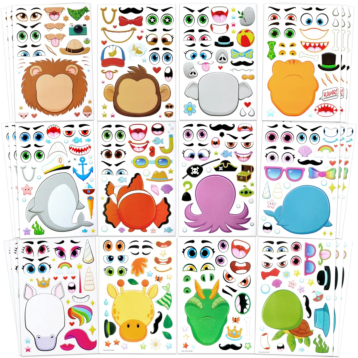 36 rectangular sticker sheets in a roll, white with colourful animal face parts