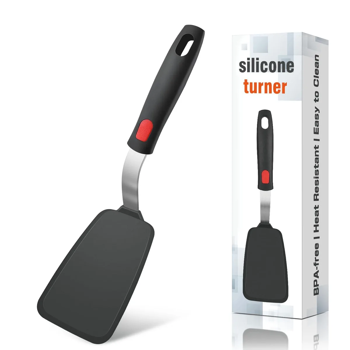 Black silicone spatula turner with stainless steel core handle, 11.8 by 2.4 inches