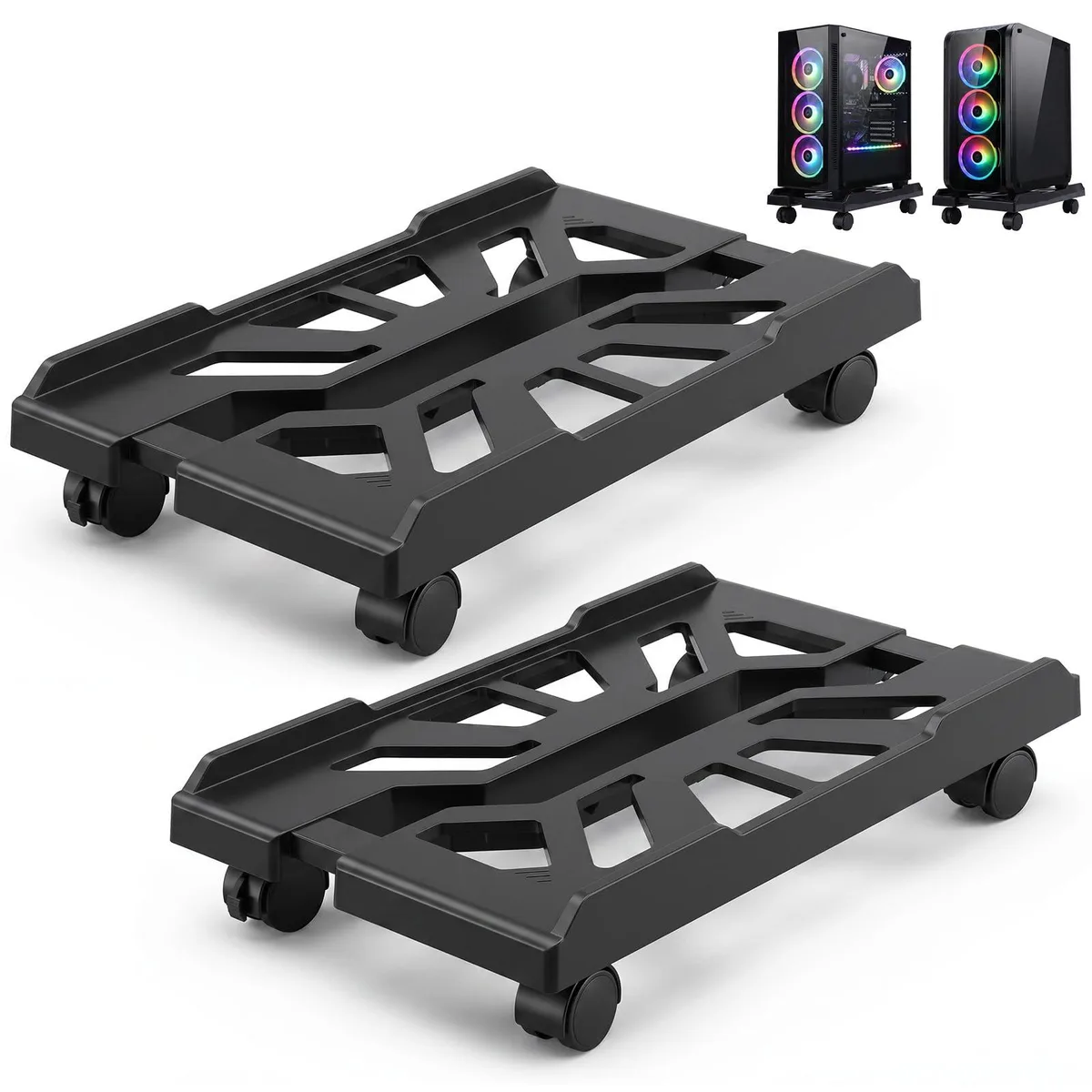 Black plastic adjustable PC tower stand on four swivel casters with perforated base and side rails
