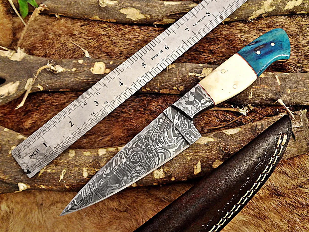 Damascus Depot Damascus Depot Skinning Knife 10" Damascus Steel Camel Bone 4.5" Blade Leather Sheath — product photo