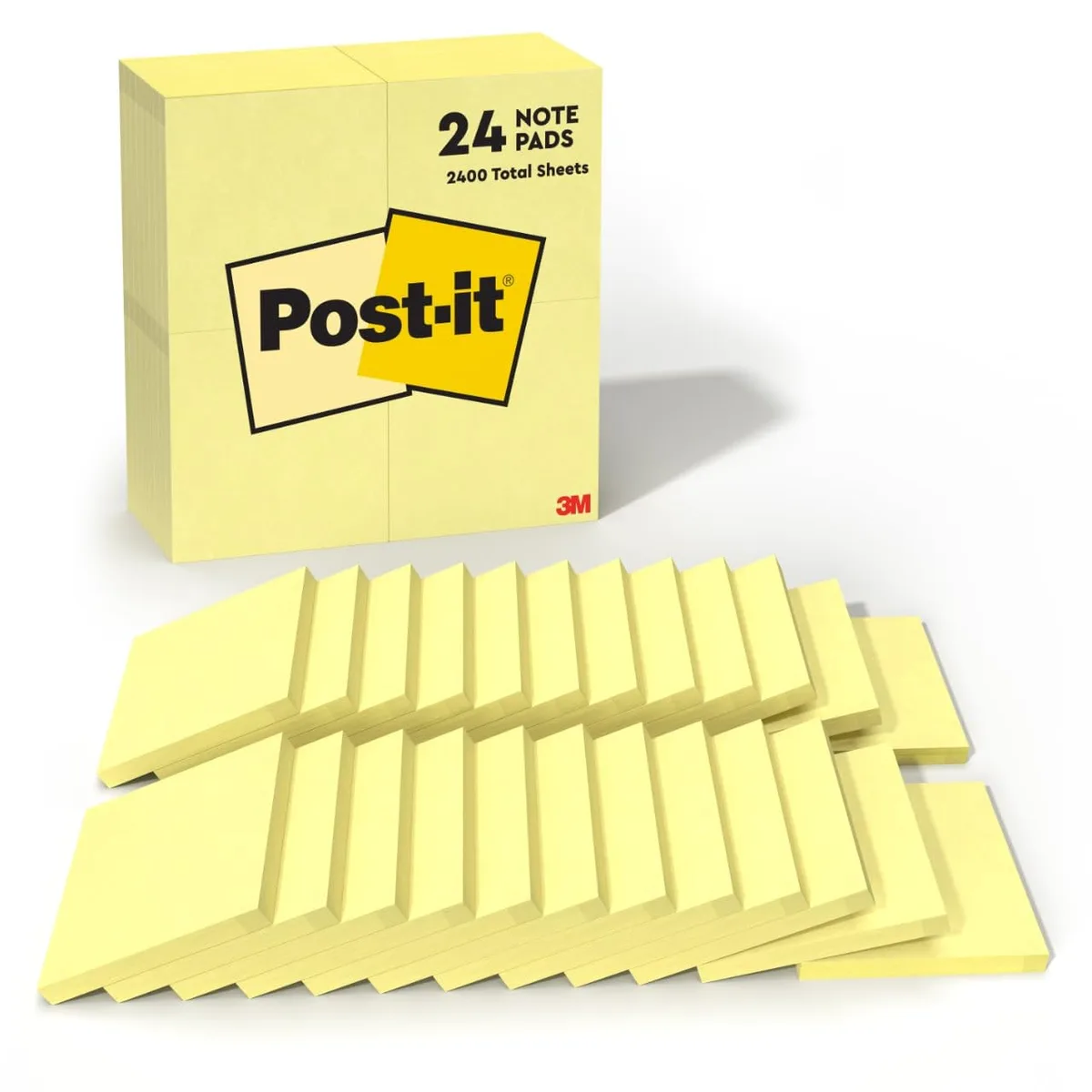 Twenty-four square pads of bright canary yellow sticky notes in a rectangular pack