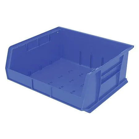 Blue rectangular plastic storage bin with open top and front lip