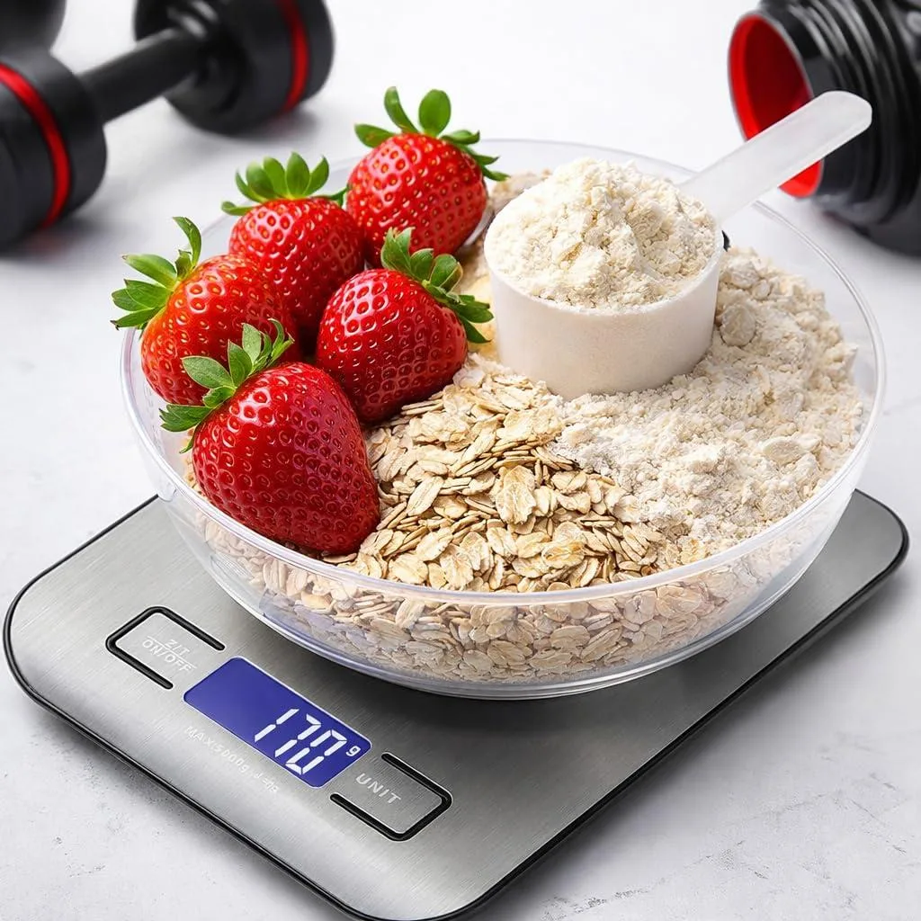 Digital kitchen scale, stainless steel platform, LCD display, includes tray and lid