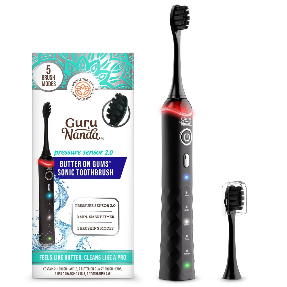 Black electric toothbrush with cylindrical handle and brush head attached