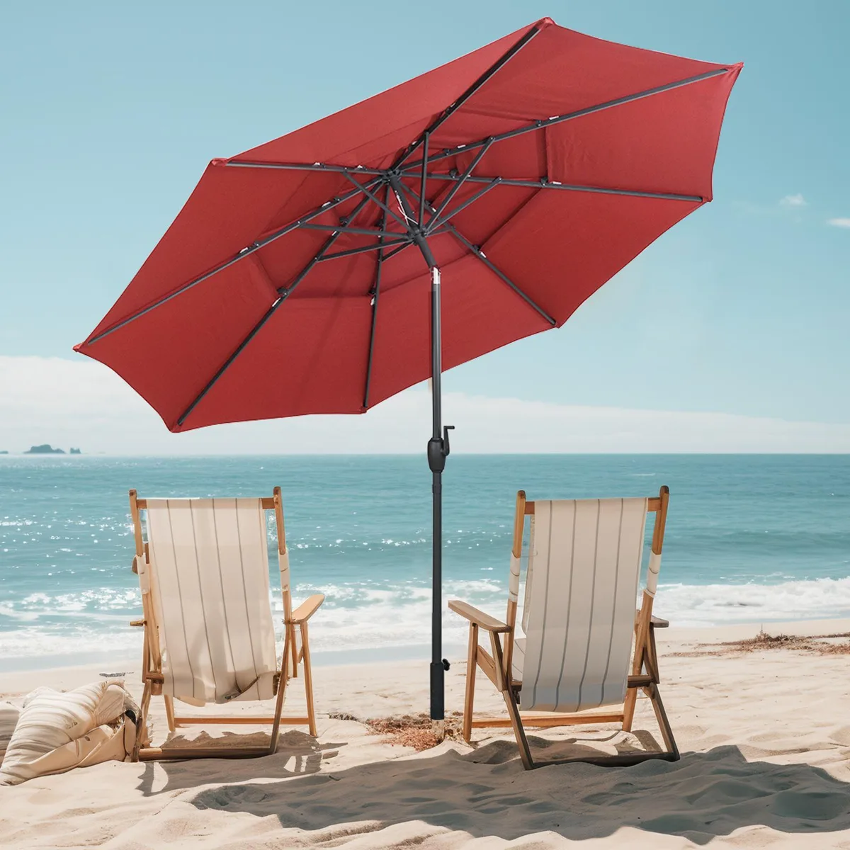 Red three-tier vented patio umbrella with crank and push-button tilt, 10 ft canopy, 6.5 ft rim height, 15 lbs