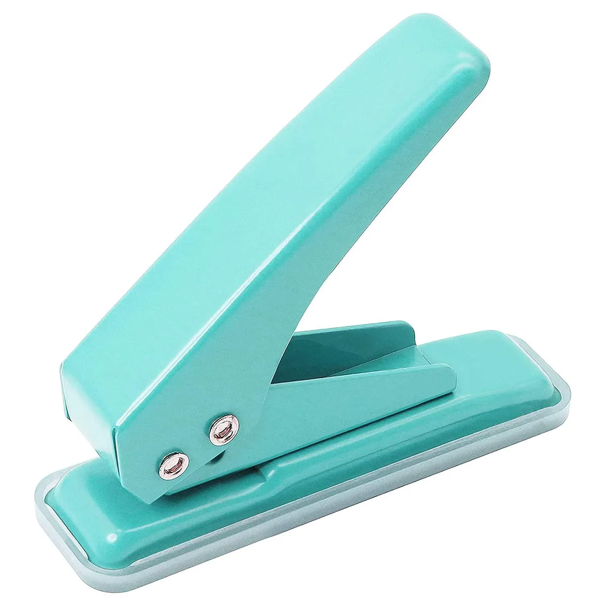 Green handheld single hole puncher with ergonomic handle and non-slip base