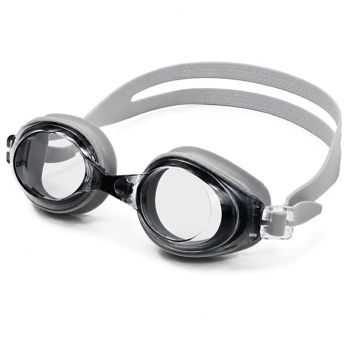 Grey silicone swimming goggles with clear lenses and adjustable strap