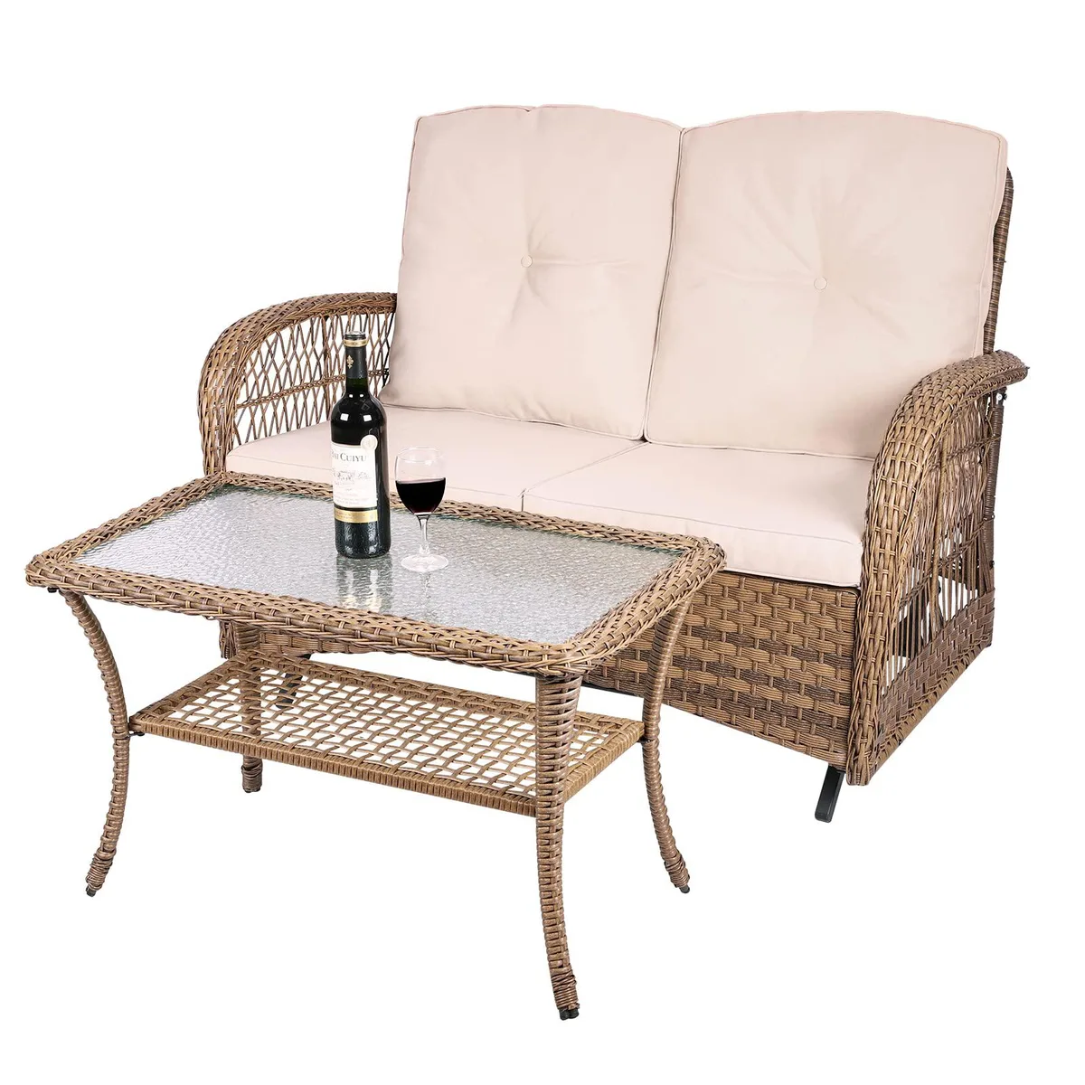 MEETWARM MEETWARM Outdoor Wicker Patio Glider Set with Glass-Top Coffee Table — product photo