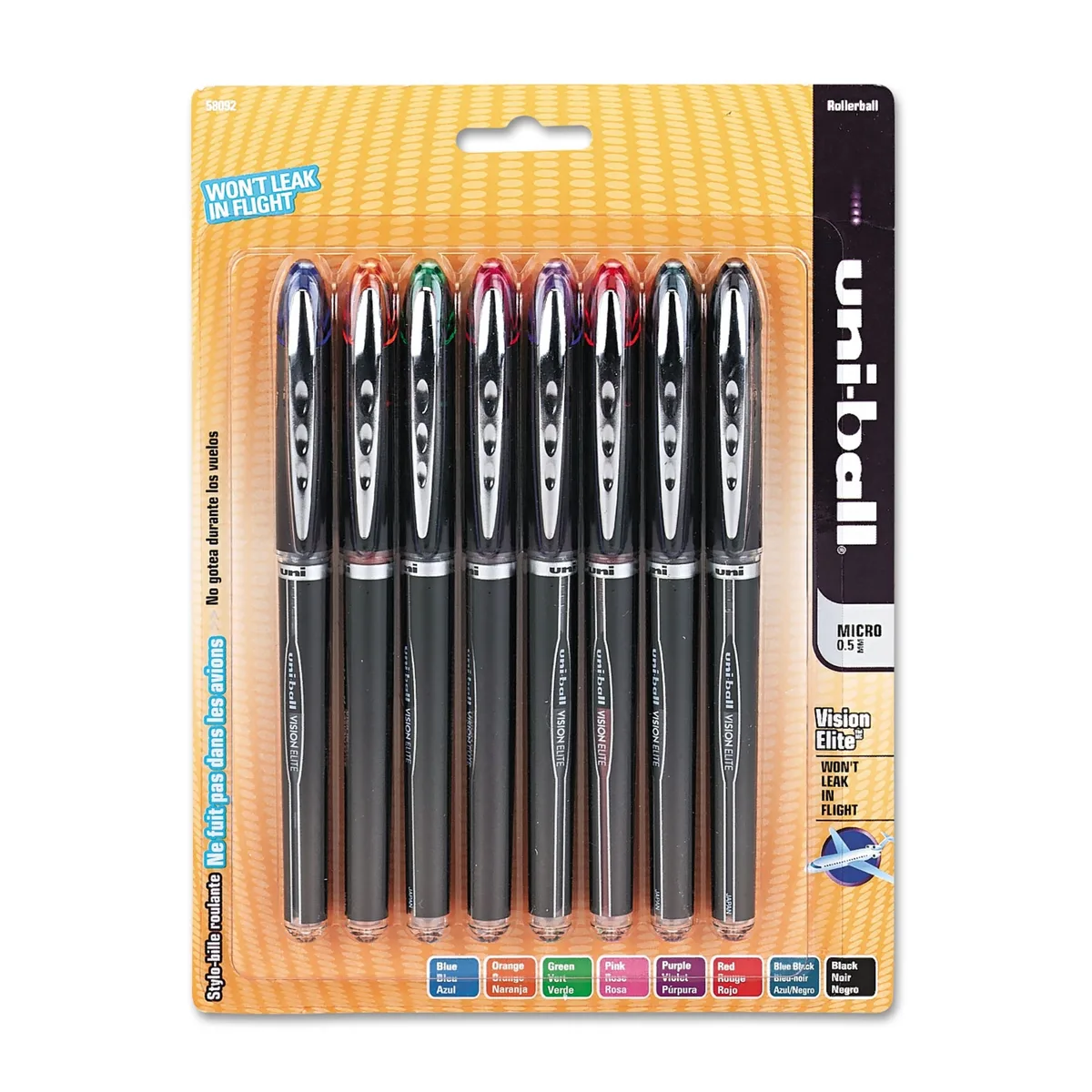 Eight capped rollerball pens in assorted colours, micro tip, translucent barrels