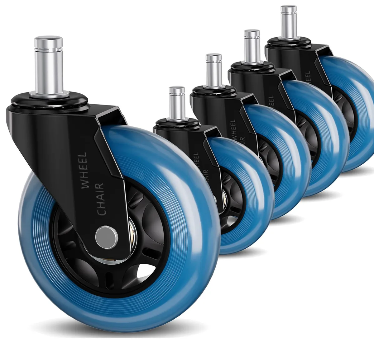 Blue roller-blade office chair wheels, 3 inch diameter, 11mm stem, set of five