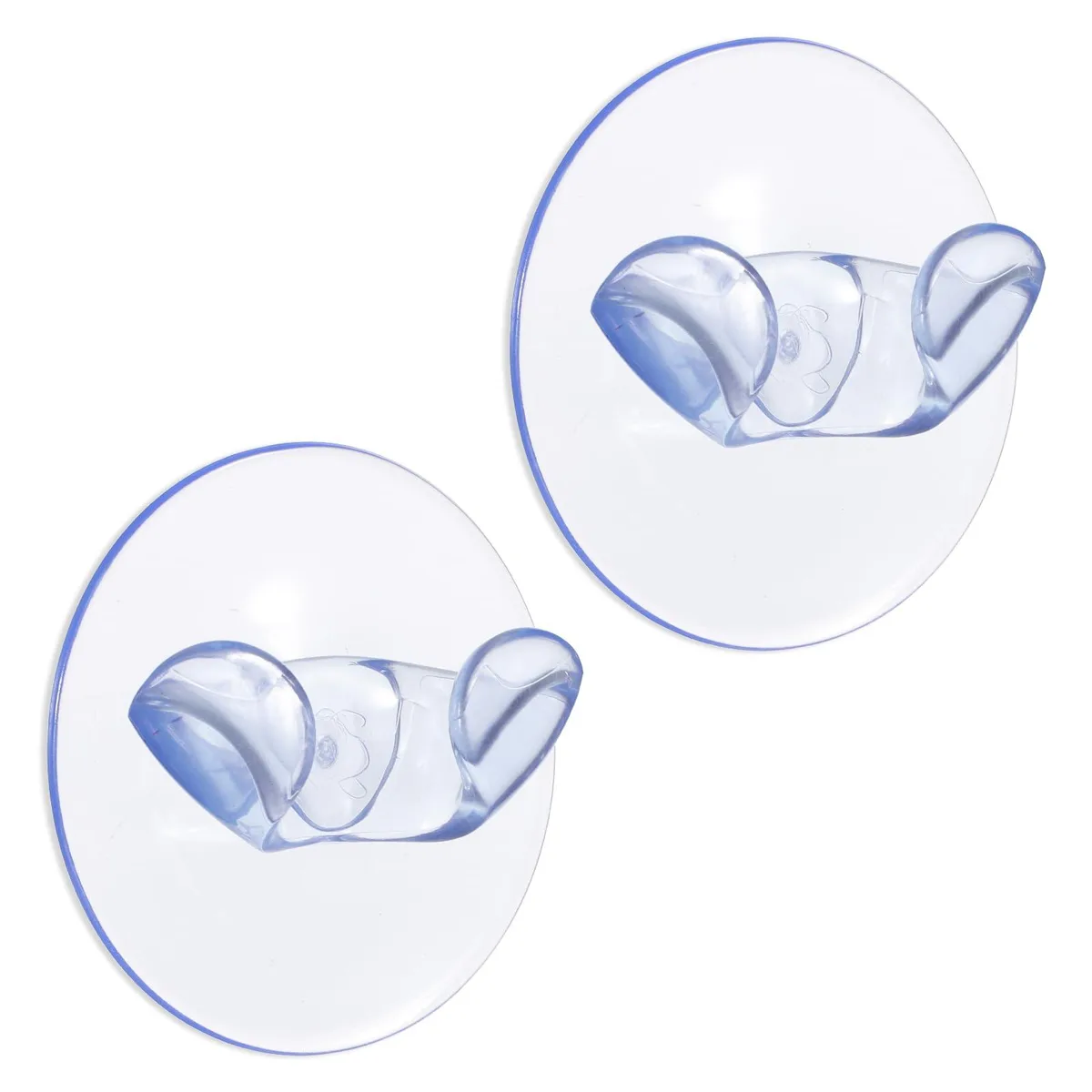 Two clear silicone suction-cup hooks, 7.2 by 8 cm, smooth transparent finish