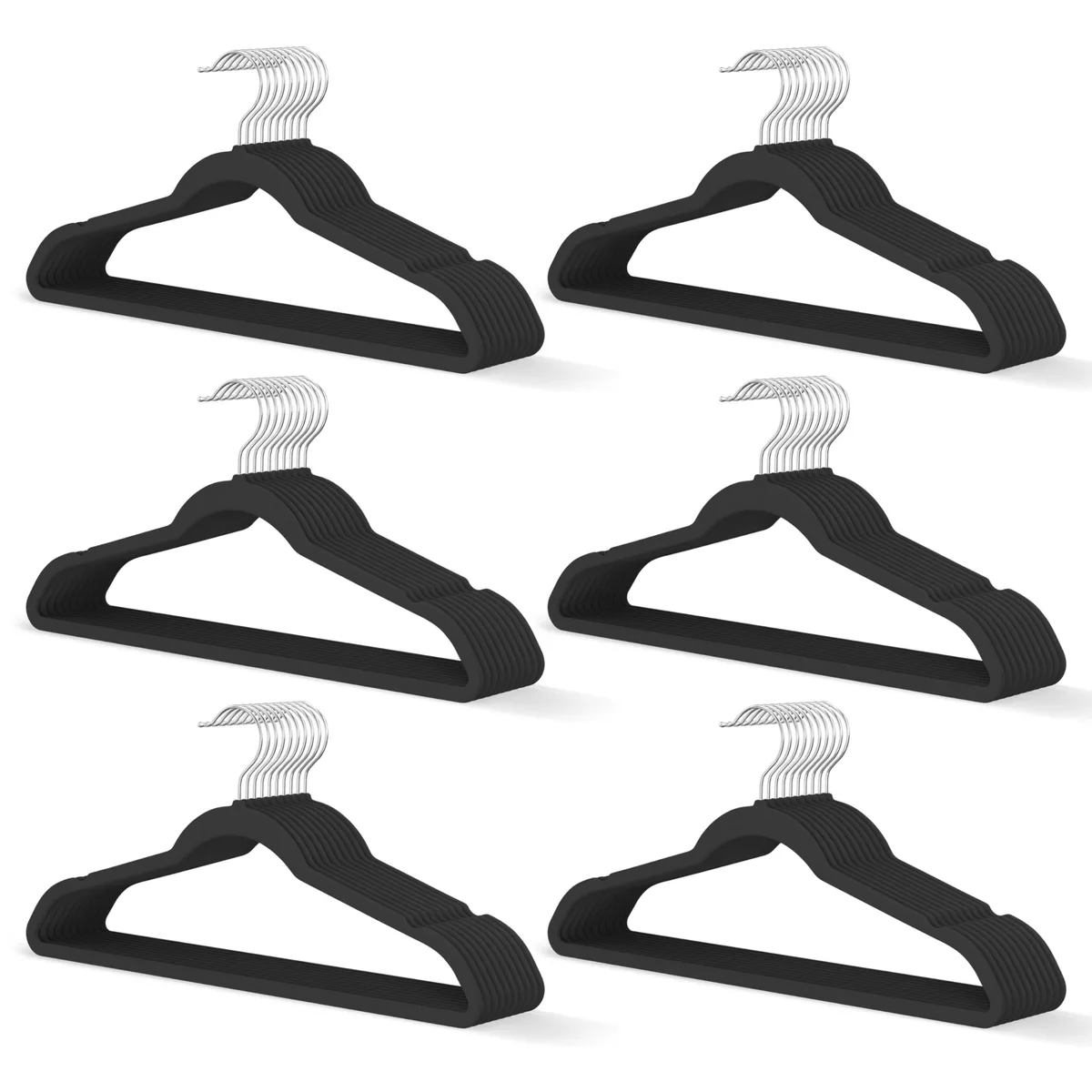 Sixty black velvet hangers with rotating silver hooks