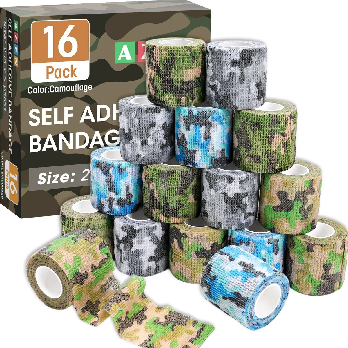 Sixteen camouflage self-adhesive bandage rolls in individual packaging