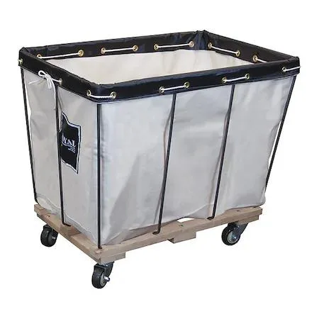White canvas basket on wooden base, four wheels, knock-down frame