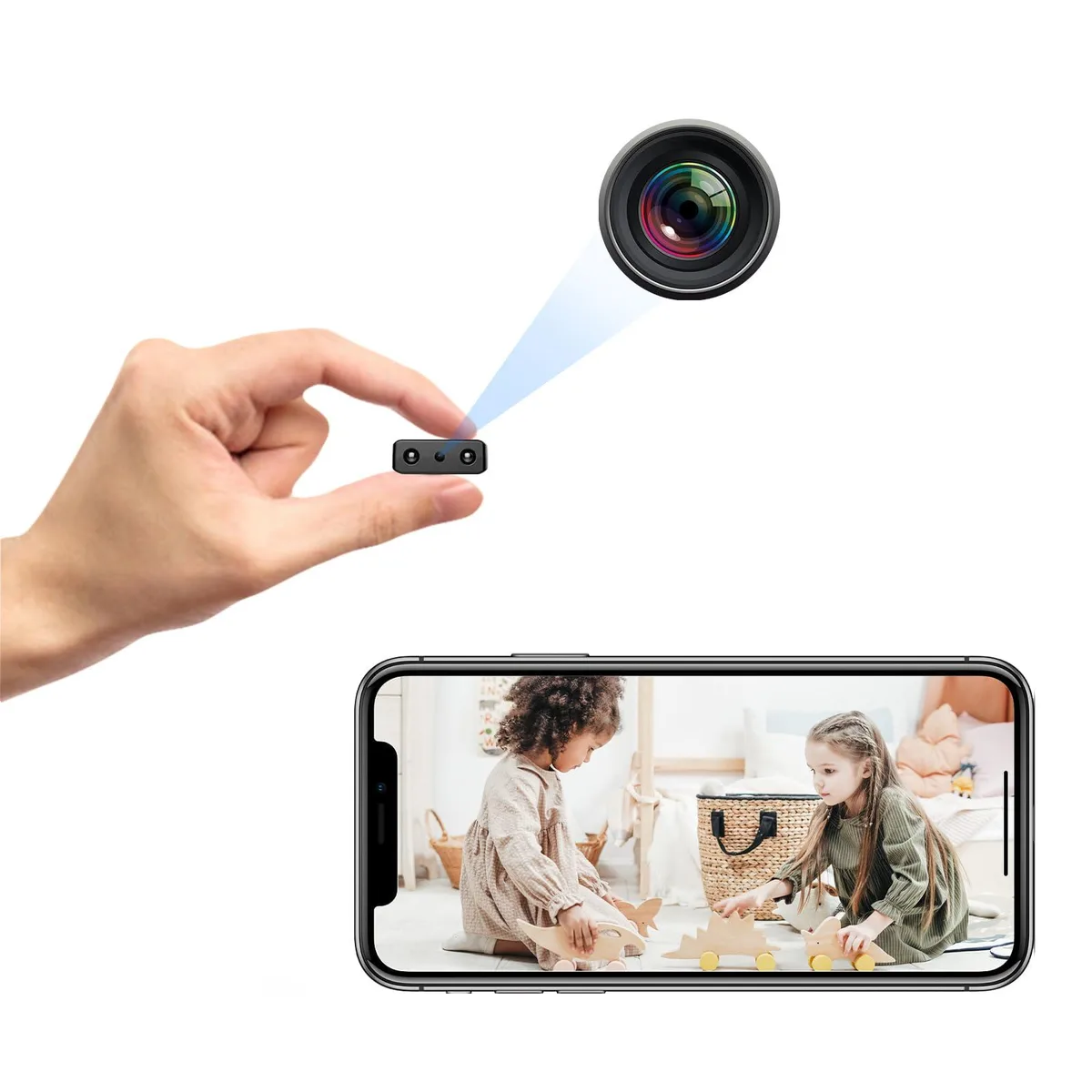 Tiny white cube camera with USB cable and lens facing forward