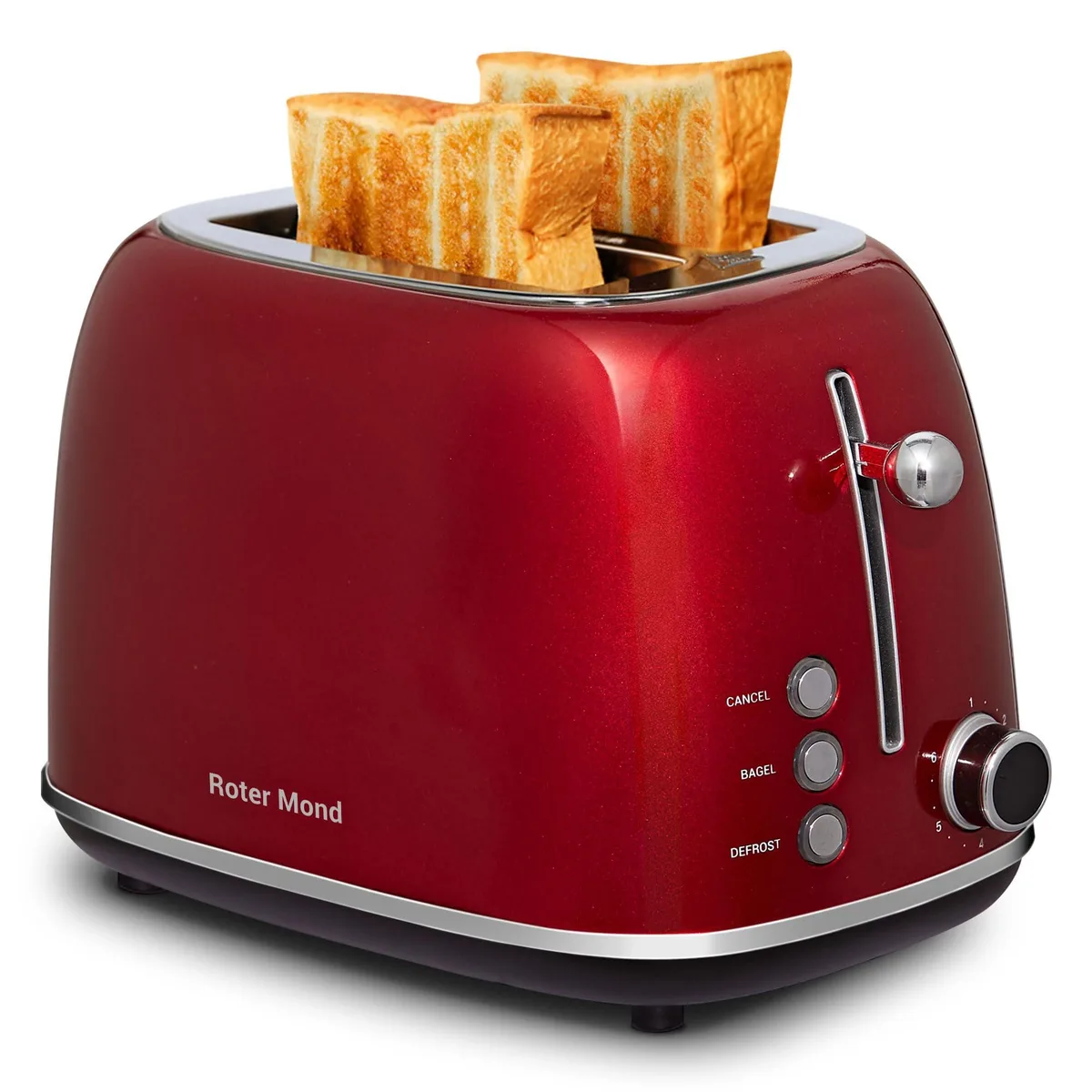 Purple retro two-slice toaster with wide slots and stainless steel accents
