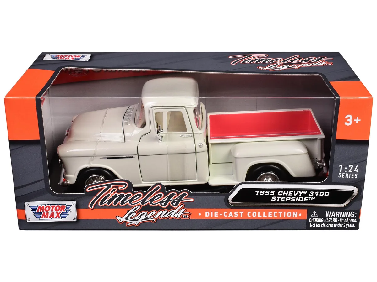 MOTORMAX MOTORMAX 1955 Chevrolet 3100 Stepside Pickup Cream White Interior Timeless Legends 1/24 Diecast — product photo
