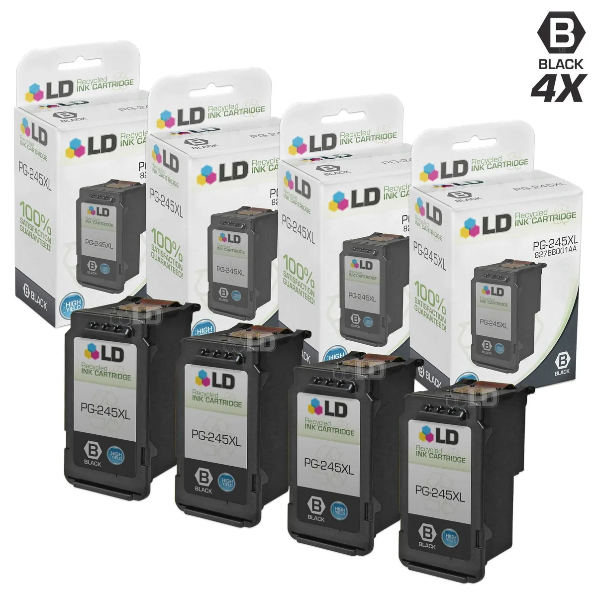 Four rectangular black ink cartridges in clear plastic packaging
