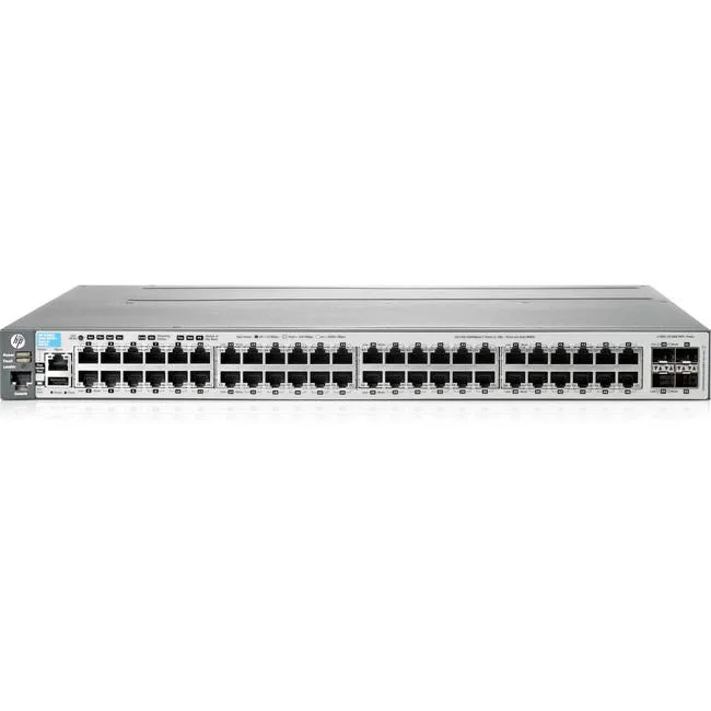 Silver rack-mount network switch with 48 Ethernet ports and four SFP+ uplinks