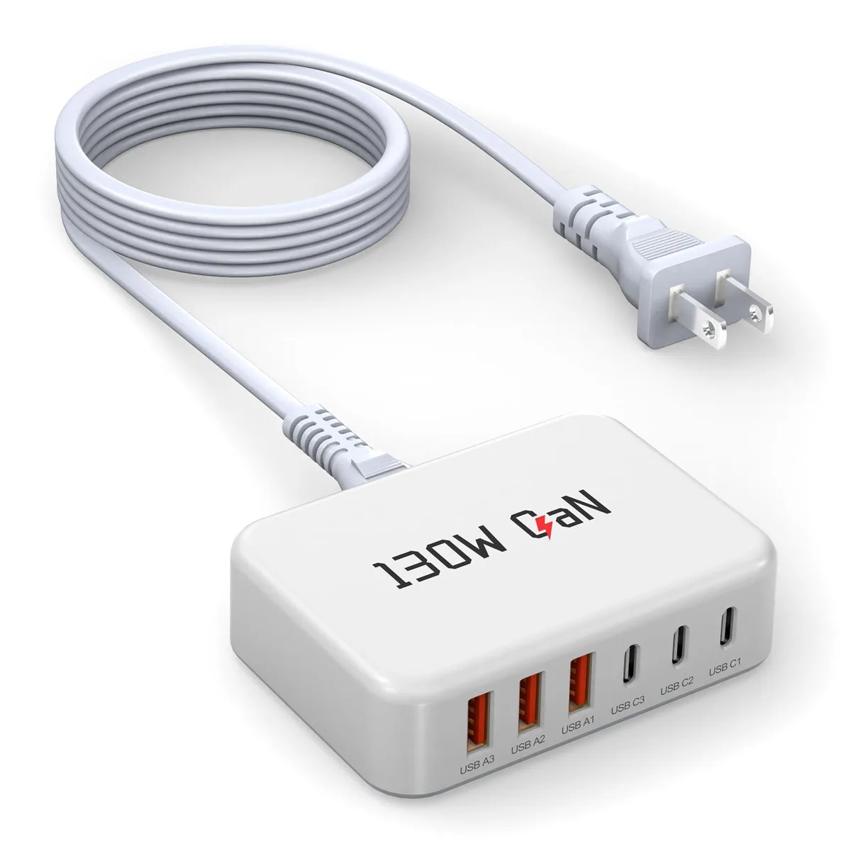 White rectangular 6-port charging station with 5ft power cord