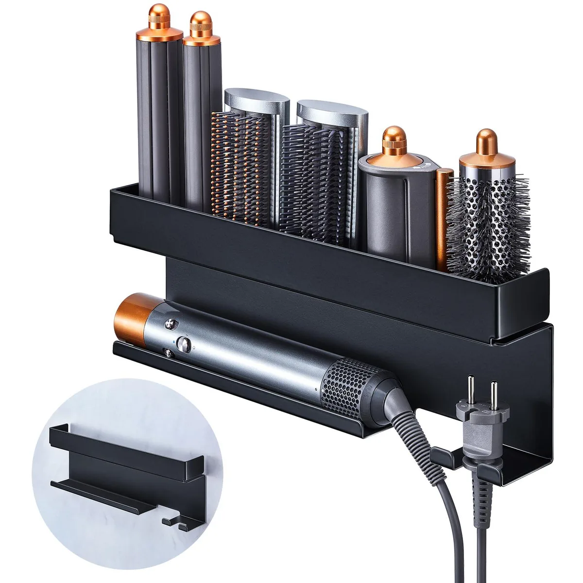 Matte black metal wall-mounted hair tool organizer with slots for rods, barrels, brushes and a plug holder, 38 by 9.5 cm